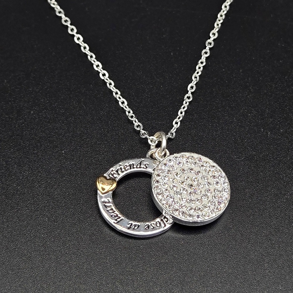 Friends are Forever Close at Heart Crystal Pave Circle Necklace Silver Tone LA